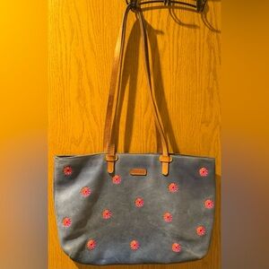CONSUELA PAX Blue Leather Tote Bag with Pink/Orange Floral Embroidery